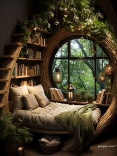 a bed in front of a window with bookshelves and plants on the shelves