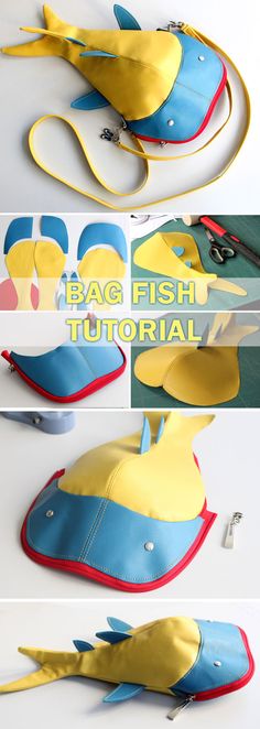 the instructions for how to sew a fish bag with zippers and straps are shown