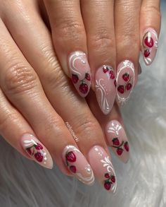 strawberry girl🍓🍓🤍 . . . #nails #nailusa #nailart #naildesign #nailsofInstagram #naildesigns #nailsoftheday #naildesignsideas #acrylic #acrylicnails #raleigh #durham #raleighnails #trend #trendynails #nailideas #nailinspo Wwe Nails, Sport Nails, Mini Nails, Strawberry Nail Art, Strawberry Nail, Sports Nails, Strawberry Girl, Girl Nails