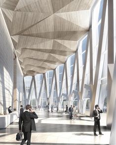 people are walking around in the lobby of a building with large columns and wooden ceilinging