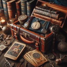 an old fashioned suitcase sitting on top of a table filled with books and other items