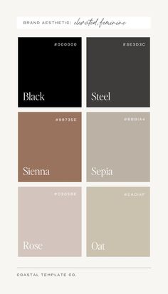 Color palette ideas for your next brand design, web design, or creative project by Coastal Template Co. Showit templates, Flodesk templates, Canva templates, and stock photography for small businesses. Color Pallets With Black And White, Luxury Color Palette For Website, Neutral Moody Color Palette, Brand Color Palette With Hex Codes, Luxe Color Palette, Neutral Aesthetic Color Palette, Classy Color Palette, Luxury Color Palette Branding, Yoga Branding Design