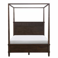 a bed with a wooden frame and white sheets on it's headboard, in front of a white background