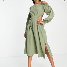 Off-Shoulder Design Long Sleeves Side Slit Regular Fit Lagenlook Dress, Peplum Midi Dress, Ruffle Bodycon Dress, Skirt And Top Dress, Green Dress Casual, Strappy Midi Dress, Twisted Dress, Chiffon Midi Dress, Khaki Fashion