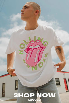 Get ready to rock in our Rolling Stones Neon Puff Classic Lick Comfort Wash White Tee. A tribute to the iconic band, it pairs effortlessly with faded denim for a timeless look. Made with 100% ring-spun cotton and officially licensed via Bravado. Don't miss out! Razorback Shirt, Shirts Style, Style Photography, Capri Blue, Blue Gifts, Faded Denim, Plus Size Pants, Comfort Colors Tee, White Tee