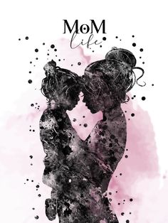 a couple kissing in front of a watercolor background with the words mom life on it