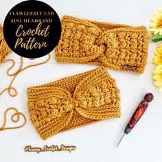 two crochet headbands and a pair of scissors on a table