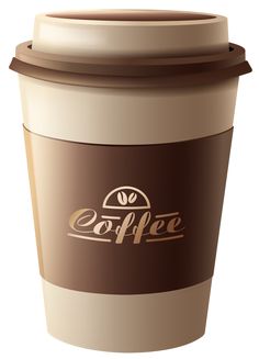 a coffee cup with the word coffee written on it's side, in brown and white