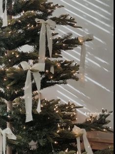 a christmas tree decorated with white ribbon and lights