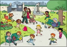 children are playing in the park with their parents and grandparents on a sunny day illustration