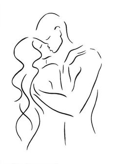 a black and white line drawing of a man hugging a woman