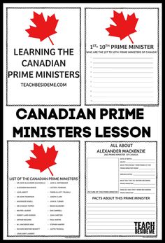 the canadian prime minister lesson is shown in red and black, with text that reads learning the