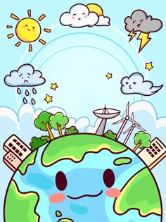 an earth with trees, clouds and buildings on it in front of a blue sky