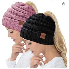 Two Ponytail Winter Hat. Color Black And Pink. High Messy Warm Stretch Cable Knit Winter Ponytail. New Ref:Bikinibin Boho Fashion Winter, Two Ponytails, Ponytail Beanie, Cable Knit Hat, Beanie Hats For Women, Ponytail Hat, Messy Bun Hairstyles, Winter Boho, Women's Beanie