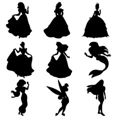 the silhouettes of disney princesses from various eras to their respective characters, all in black and white