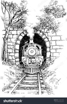 black and white drawing of a train coming out of a tunnel with trees on the side