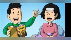 an animated image of a man reading a book to a woman