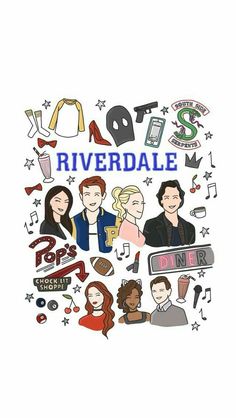 the riverdale logo surrounded by many different types of people and musical instruments on white paper