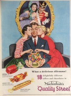 an old advertisement for candy with two people kissing and one man holding a box full of candies