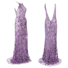 Atelier Versace Wisteria Purple Fully Beaded Silk Dress Gown Designer size 42 ( run smaller - measurements provided ) 100% Silk Wisteria Purple Dress with Tulle Fully Embellished Overlay. Measurements: Bust - 32 inches, Waist - 26", Hips - 34". Made in Italy New without tag. The Haute Couture collection - Atelier Versace - defines craftsmanship and elegance. The master tailors create each piece by hand in the in-house Atelier. Vintage Purple Dress, Silk Dressing Gown, Versace Dress, Atelier Versace, Purple Silk, Designer Gowns, Beaded Dress, Purple Dress, Couture Collection