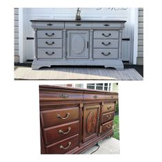 two different pictures of an old dresser and the same one has been painted in white