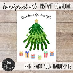 handprint art christmas tree with presents on it