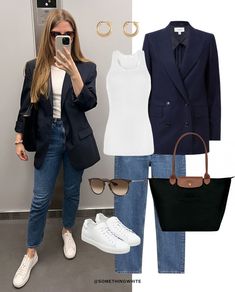 Blue Purse Outfit, Chill Style, Job Clothes, Purse Outfit, Outfits Con Jeans, Fashion Capsule Wardrobe, Shirt Linen, Navy Blue Blazer