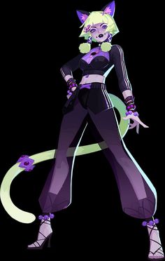 an anime character in purple and black clothes with a cat tail on her head, holding a