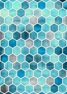 a blue and gray abstract art print with hexagonal shapes on the bottom, in shades