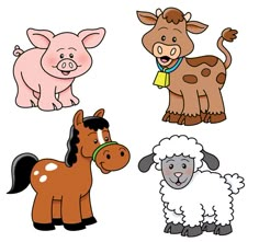 four farm animals are grouped together on a white background, each with a different color scheme