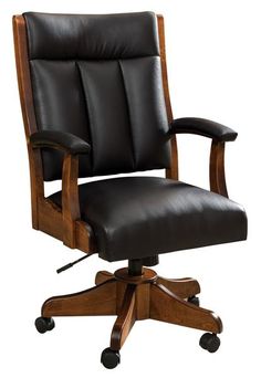 an office chair with wooden arms and black leather upholstered seat