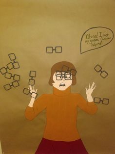 a drawing of a woman wearing glasses and holding her hands up in front of her face