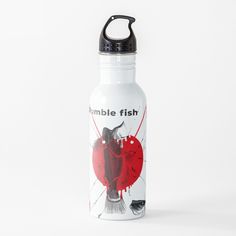 a white water bottle with a red fish design on it's side and black lid