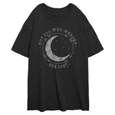 If you're looking for the hottest new trends, you're in the right place! Take your everyday style to the next level with this new Juniors' Crescent Moon Not All Who Wander Are Lost Graphic Oversized T-Shirt from Lost Gods! This cool, everyday tee features a half-crescent moon encircled by arrows and the text: "Not All Who Wander Are Lost," in a distressed style across the front. Grab this new graphic tee today and make everything from workouts to running errands, or even just lounging around the Moon T-shirt, White Graphic Tee With Moon Print, Cresent Moon Shirt, Black Moon Print Graphic Tee, Trendy Cotton T-shirt With Moon Print, Moon Logo, Star Clothing, Crescent Moon, Oversized Tee