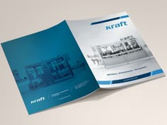 an open brochure is displayed on a white surface with blue accents and the words kraff