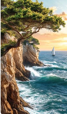 a painting of a sailboat in the ocean near some rocks and trees with waves crashing on them