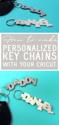 personalized key chains with the words daddy and baby are shown on a turquoise background