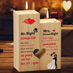 two wooden blocks with wedding messages on them, one has a heart and the other has a candle