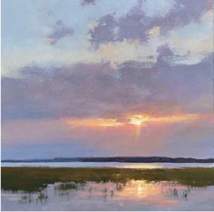 an oil painting of the sun setting over a body of water with clouds in the sky