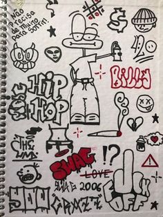 a notebook with graffiti written on it and various other things around the page in red ink