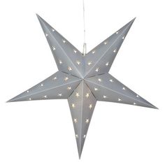 a silver star hanging from the ceiling with white stars on it's sides and two strings