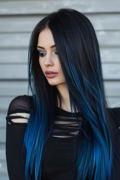 Blue Hair Highlights, Highlights Hairstyles, Κούρεμα Bob, Straight Black Hair, Blue Highlights, Fishtail Braid, Hair Color Blue