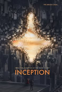 a movie poster for the film inception with an image of two people standing in front of a city