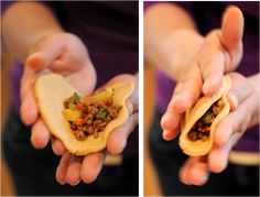 two pictures show the inside of a taco being held by someone's hands