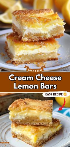 three different types of lemon bars stacked on top of each other with the words, quick and easy cream cheese lemon bars