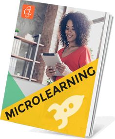 a book with the title microlearning written on it and a woman holding a tablet