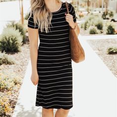 Striped Tee Dress Casual Black Midi Dress For Day Out, Casual Everyday Mini Dress, Casual Black Knee-length Midi Dress, Casual Short Sleeve Black Midi Dress, Casual Black Short Sleeve Midi Dress, Casual Short Sleeve Midi Dress, Casual Striped Short Sleeve Midi Dress, Spring Everyday Mini Dress, Everyday Spring Mini Dress