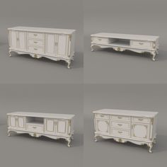 four different views of a white dresser with gold trimmings and drawers on each side