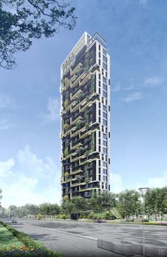 an artist's rendering of a tall building with plants growing on the top and sides