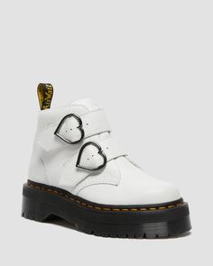 Shop Devon Heart Leather Platform Boots in White at Dr. Martens. Free delivery on orders over £50 Heart Platforms, Leather Platform Boots, Yellow Heels, Steampunk Wedding, Dr Martens Black, Dr Martens Boots, Boots Uk, Black And Yellow, Goodyear Welt